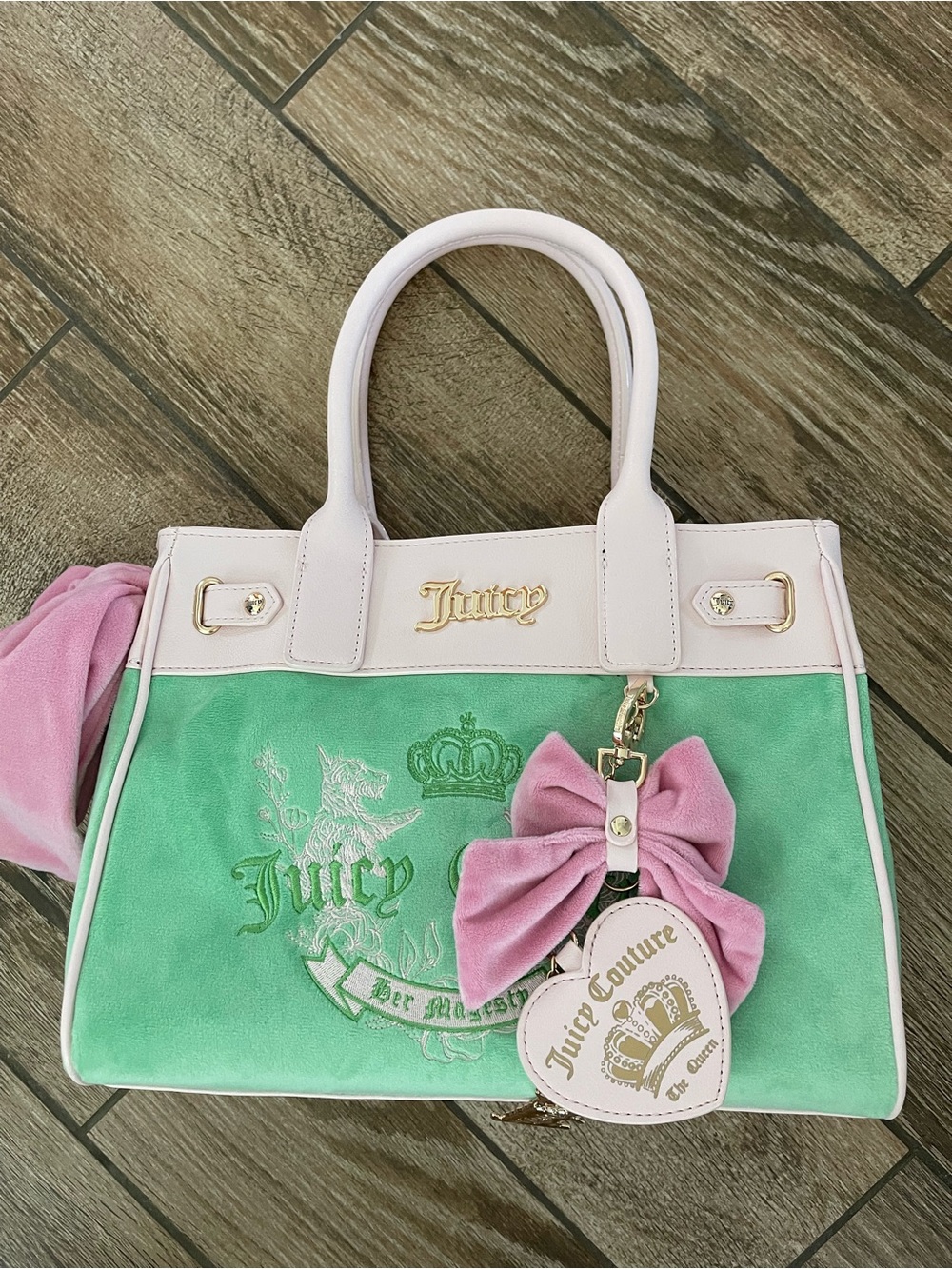 Juicy Couture Mint Green and Light Pink Daydreamer Tote with Bow Charm